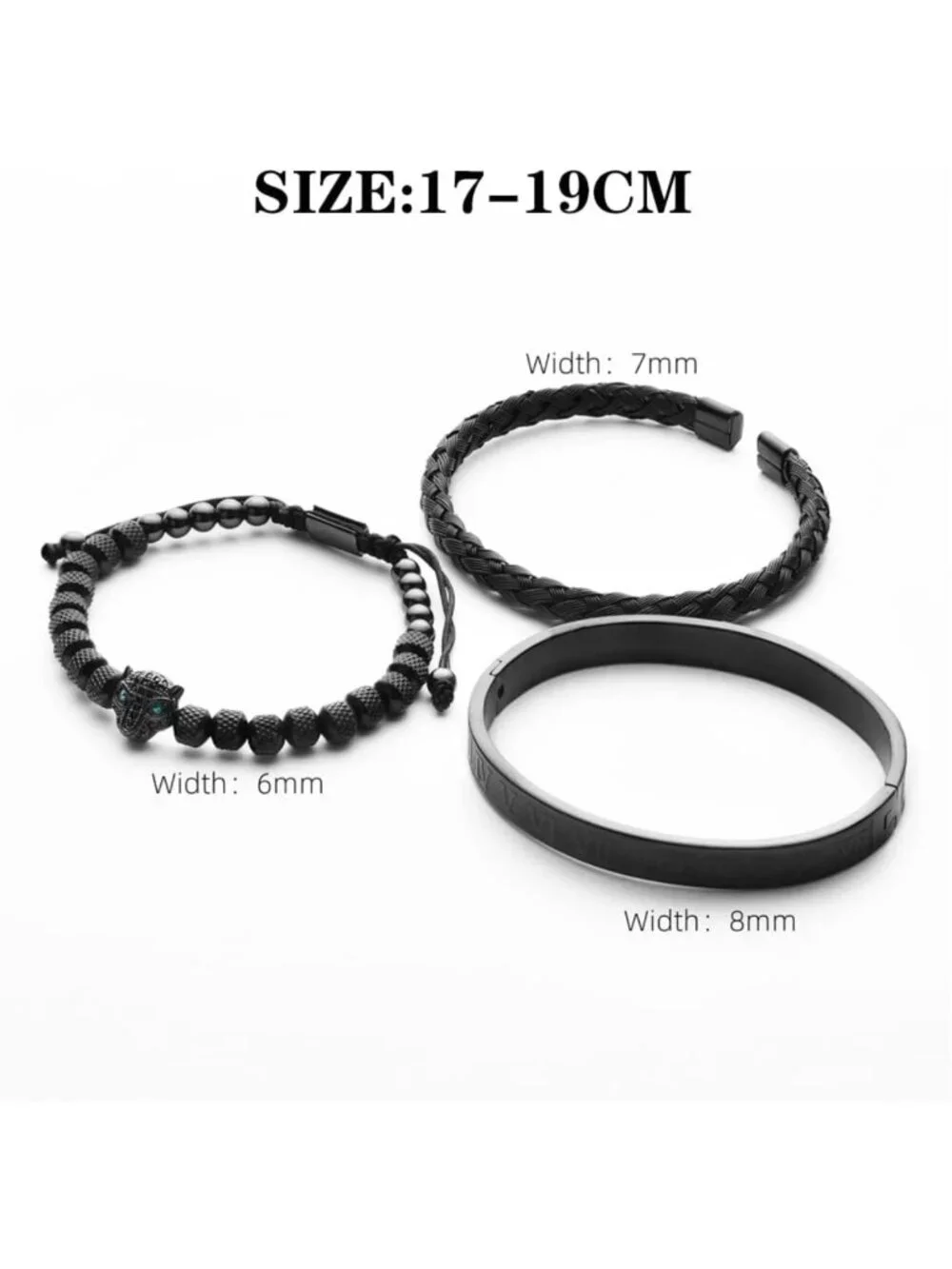 3pcs Handmade Braided Hip Hop Bracelets Set with CZ Leopard Head & Roman